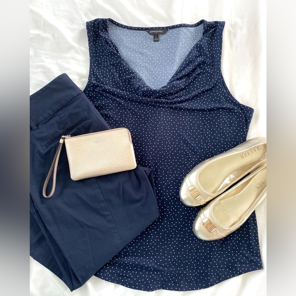 BANANA REPUBLIC navy polka dot cowl neck tank top size L